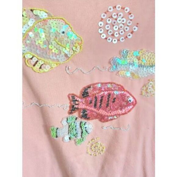 Quacker Factory Large 3/4 Sleeve Beaded Embellished Fish Coral Orange T-Shirt - Picture 3 of 6